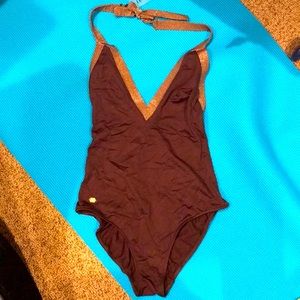 New Jette Joop France S daring swimsuit metallic bronze plunging V neck maillot